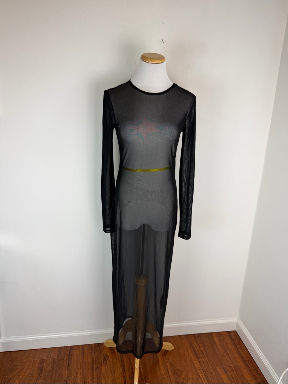 Na-kd Tight Mesh Midi Dress Black Long Sleeve Sheer Size M